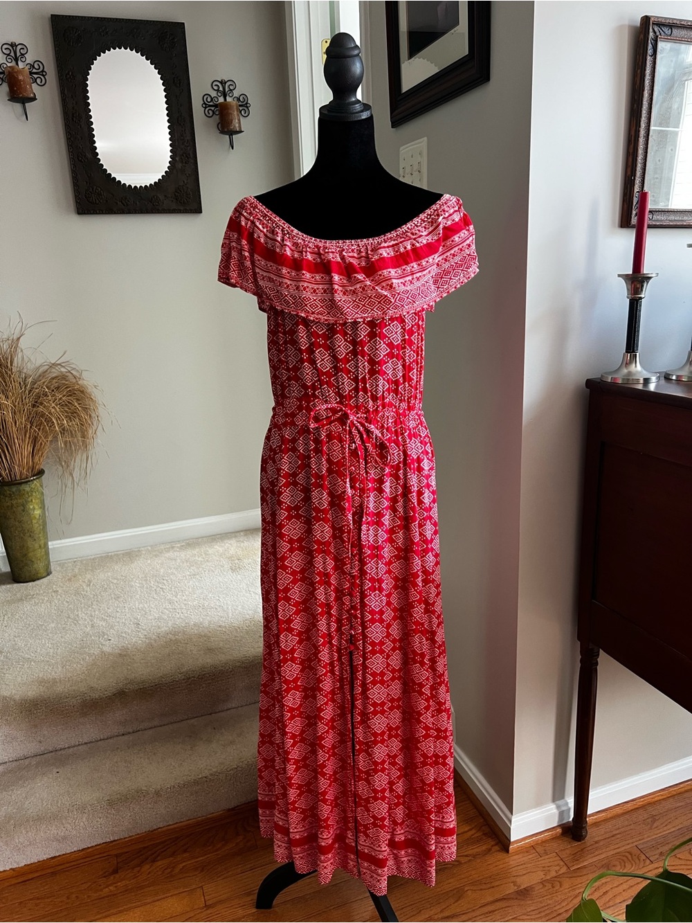 Talisman Red Geometric Off Shoulder Ruffle Boho Maxi Dress Size Small